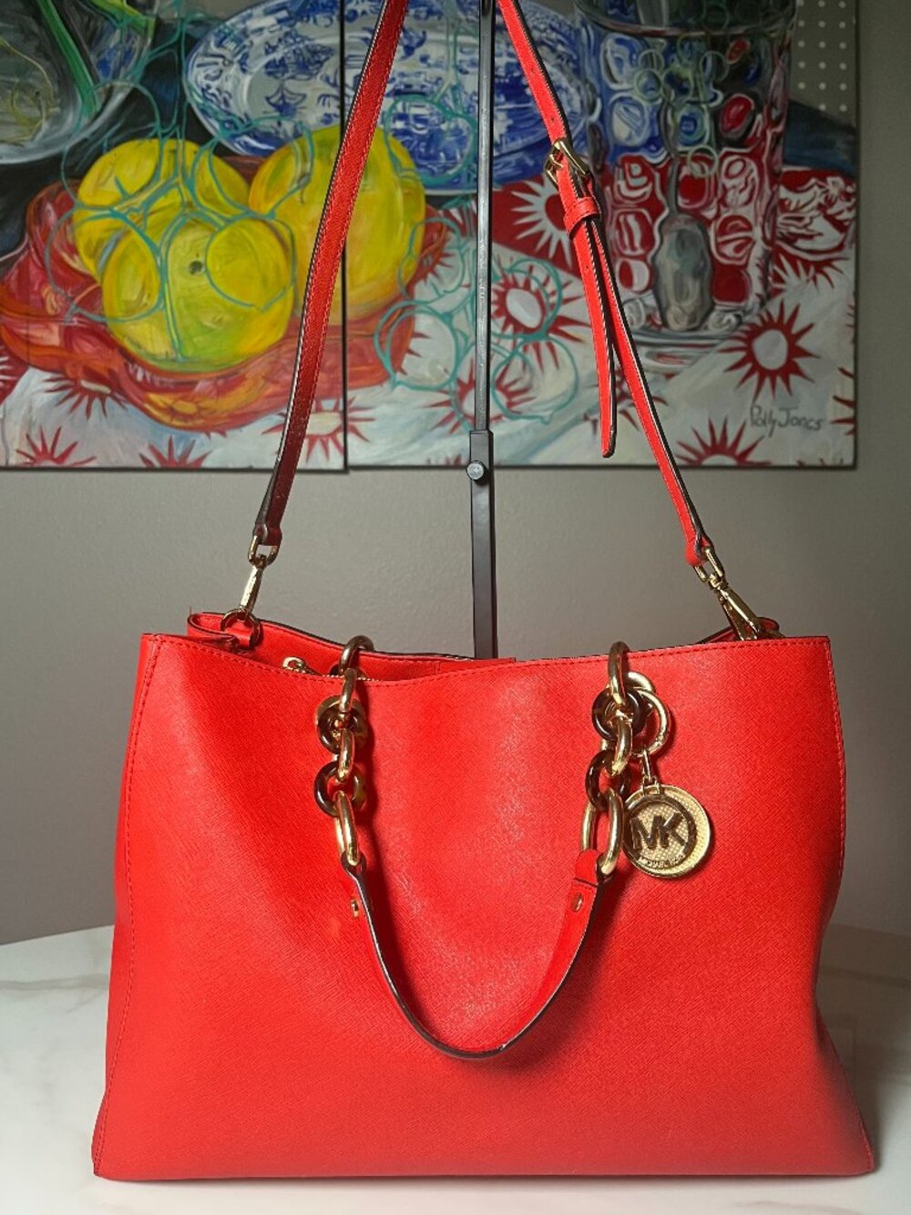 Michael Kors Cynthia Satchel Red Orange Saffiano Leather Chain Tote